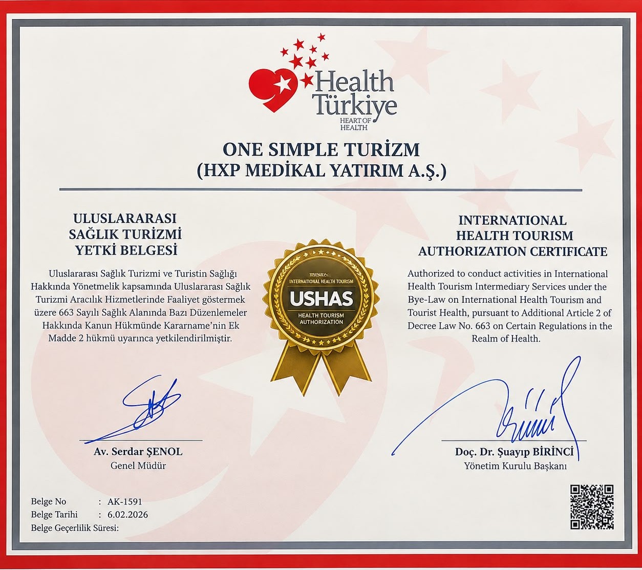 Health Türkiye International Health Tourism Authorization Certificate for One Simple Turizm (HXP Medikal Yatırım A.Ş.), document no AK-1591, dated 6 February 2026